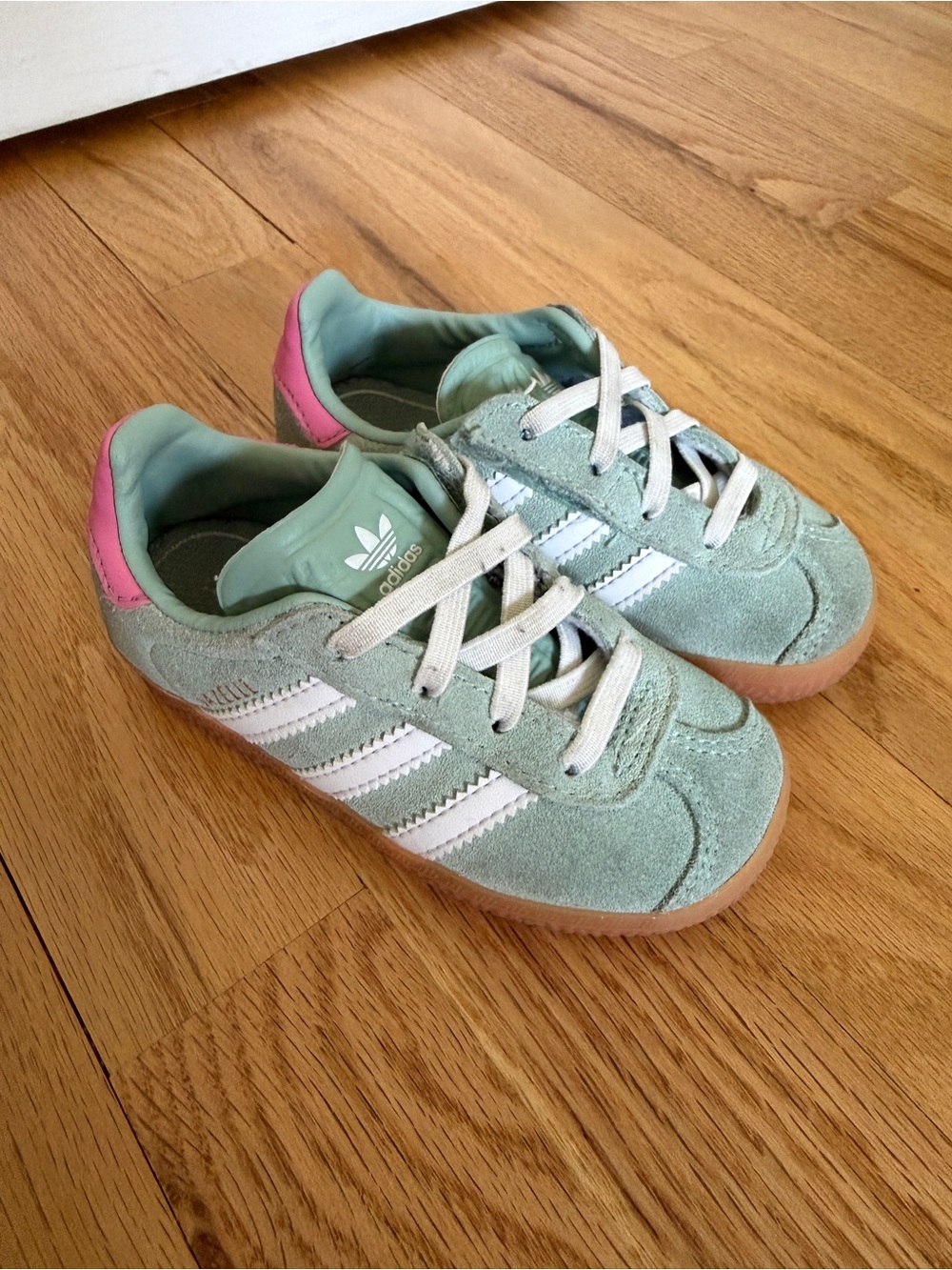 adidas Kids Mint Green Suede Sneakers with Pink